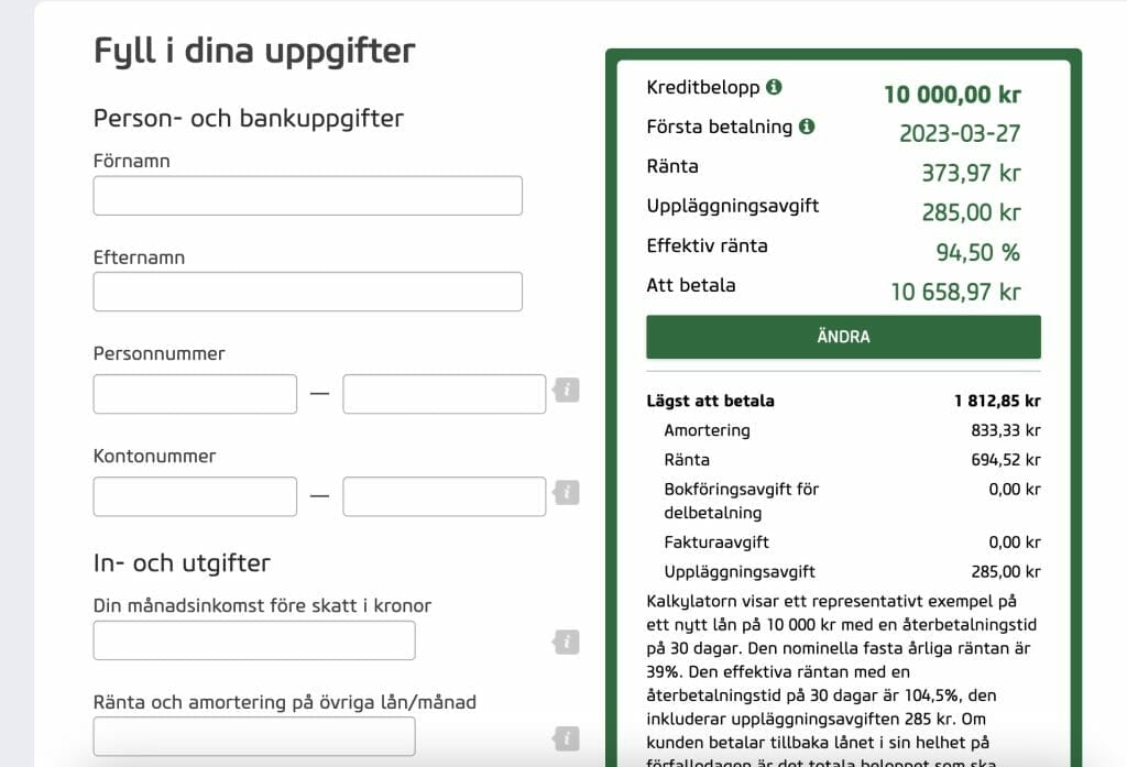 Vivus låneansökan fyll i personuppgifter