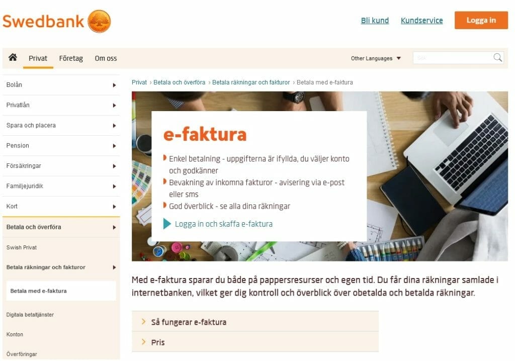 Lån med direktutbetalning till Swedbank: Lånero presenterar en skärmbild från Swedbanks hemsida som visar på information om e-fakturor.