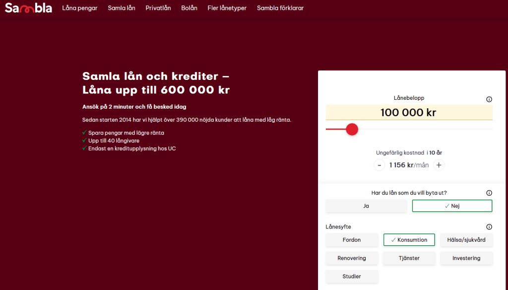 Hos Sambla kan du hitta lån på 100 000 kr.